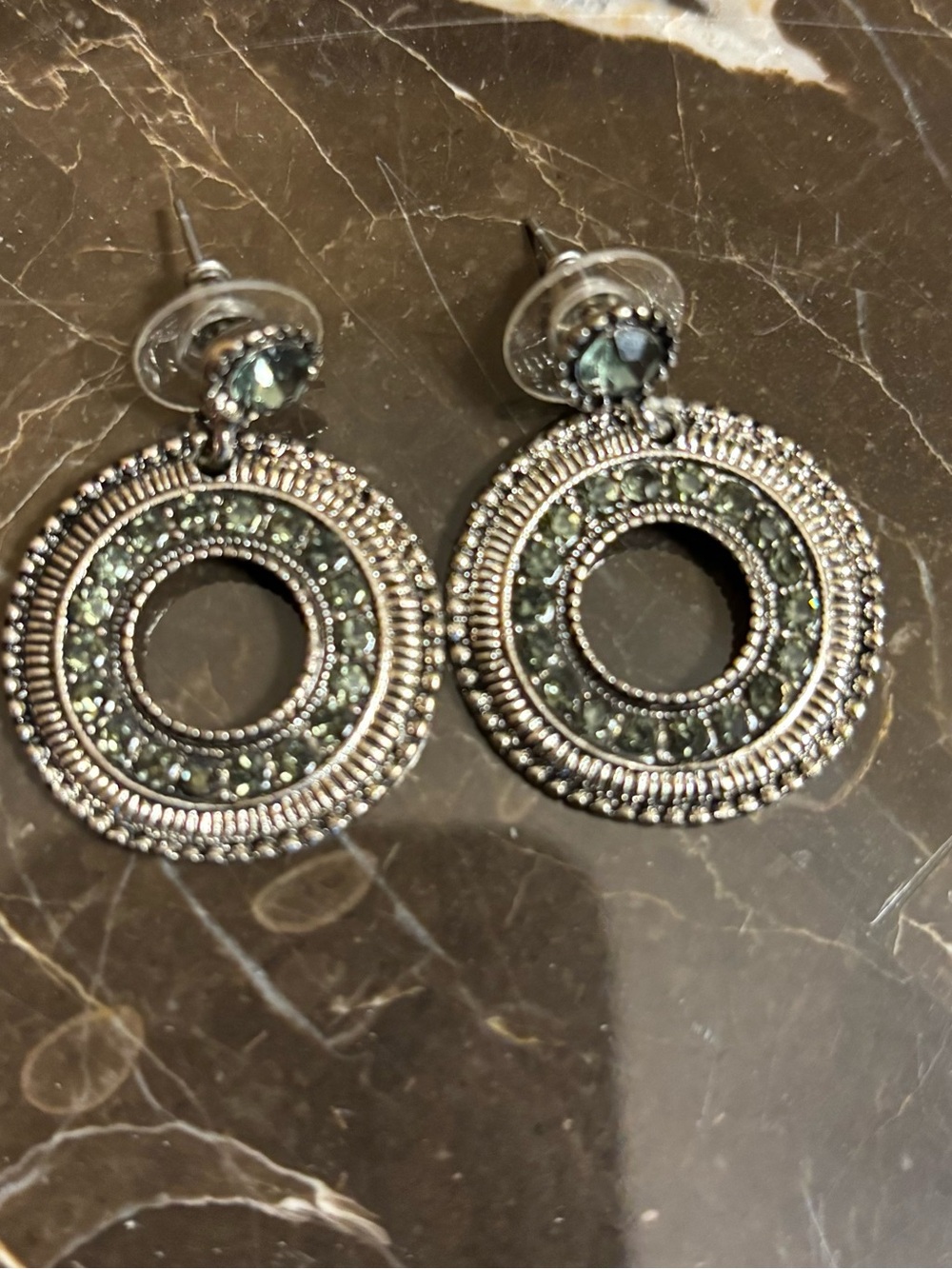 Silver-Tone Green Crystal Circle Drop Earrings